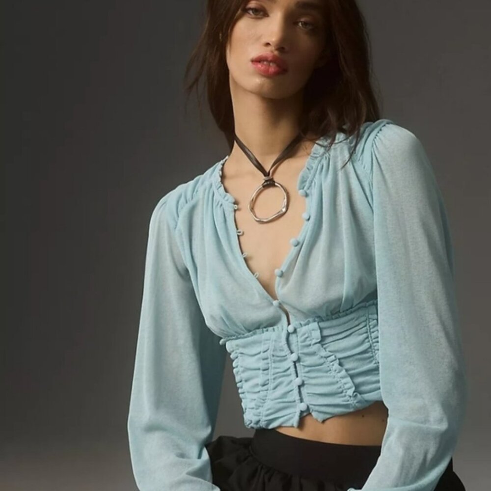 ANTHROPOLOGIE Blue Semi-Sheer Femme Ruched Peasant‎ Long Sleeve Cropped Top L
